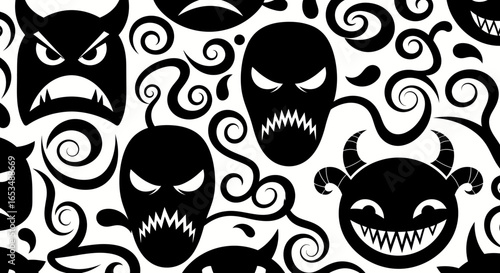 Seamless Pattern of Black and White Cartoon Demons and Swirls