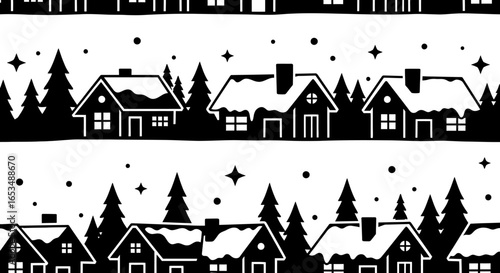 Seamless black and white winter village pattern featuring snowy houses and pine trees