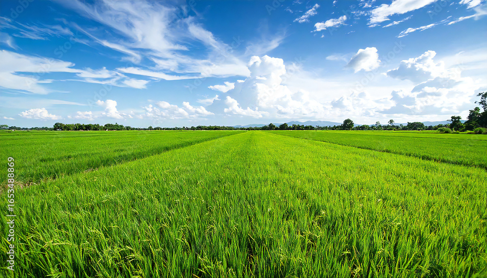 Obraz premium 一面に広がる緑の田んぼと青空。Green rice fields and blue skies stretch out before you.