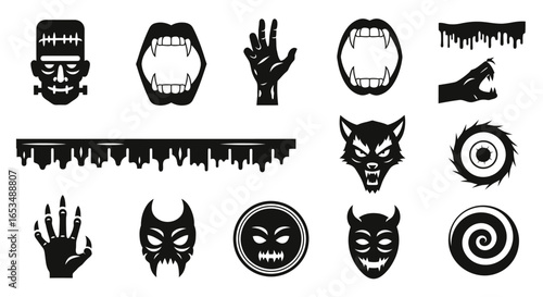 Set of black silhouette horror icons for Halloween, including monsters, fangs, and spooky symbols.