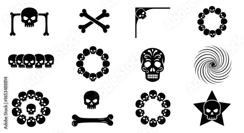 Set of black silhouette skull and bone icons, including calavera, wreaths, and star symbols.