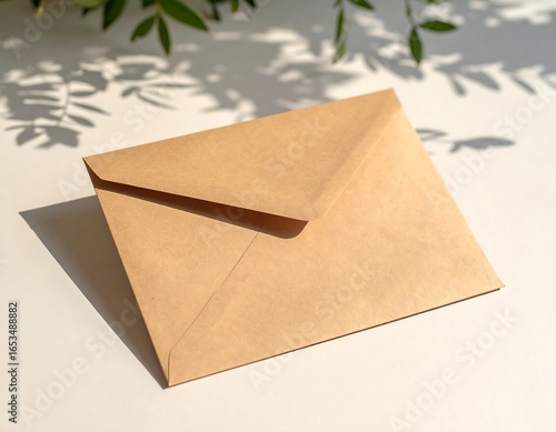 Beige envelope on a white surface with leaf shadows