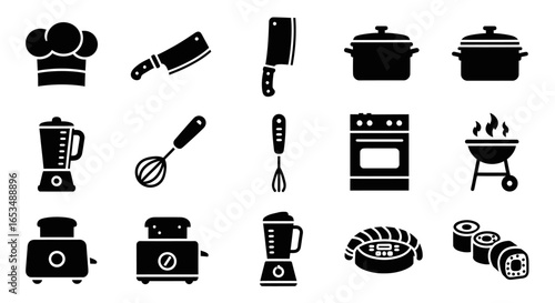 Simple Black and White Vector Illustrations of Kitchen Utensils and Food