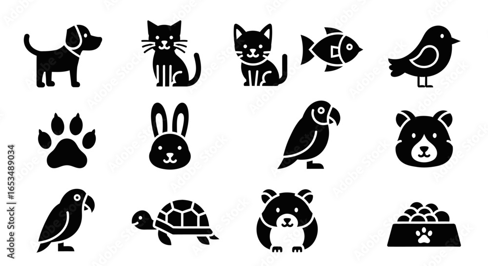 Fototapeta premium Stylized Black Silhouette Pet and Wild Animal Icons Set: Dog, Cat, Fish, Bird, Rabbit, Bear, Turtle, Paw, Food Bowl