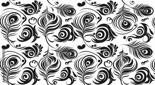 Stylized black peacock feather pattern with ornamental swirls and hearts