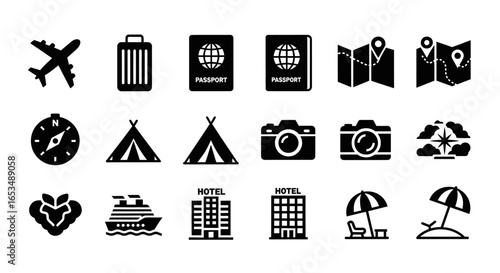 Travel and Vacation Glyph Icon Set with Airplane, Suitcase, Map, and Compass Symbols