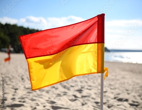Beach safety flag waving in the wind