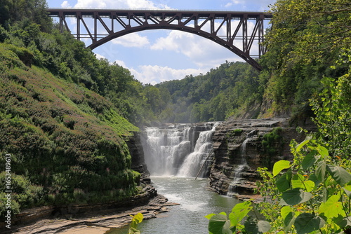Upper falls of Letchworth State Park in upstate New York.  Train trestle appears in the background.