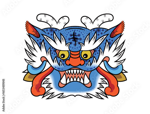 Traditional Korean goblin dokkaebi mask illustration, folklore demon face pattern and cultural heritage art design