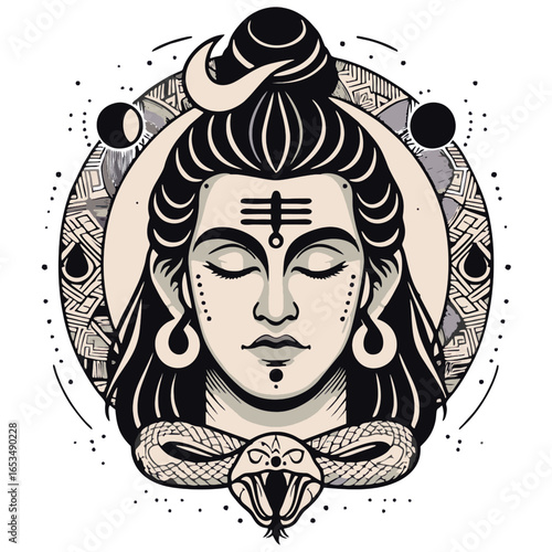 Lord shiva is depicted with a snake and auspicious symbols, ideal for spiritual and religious content like posters, cards, and websites.
