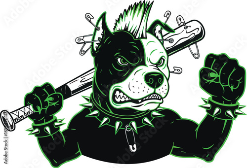 A fierce pit bull dog with a punk rock mohawk and spiked collar, gripping a baseball bat menacingly, ready for action.