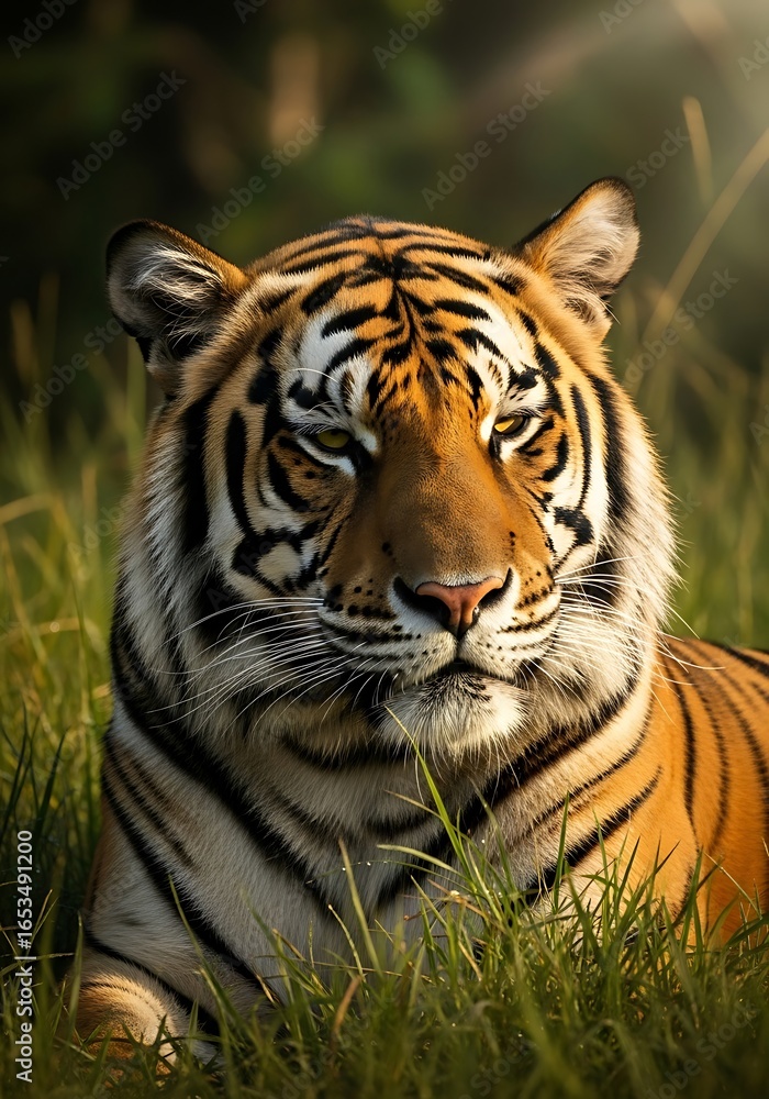 Obraz premium Majestic tiger portrait amidst tall grass illuminated by sunlight adding warmth to the scene