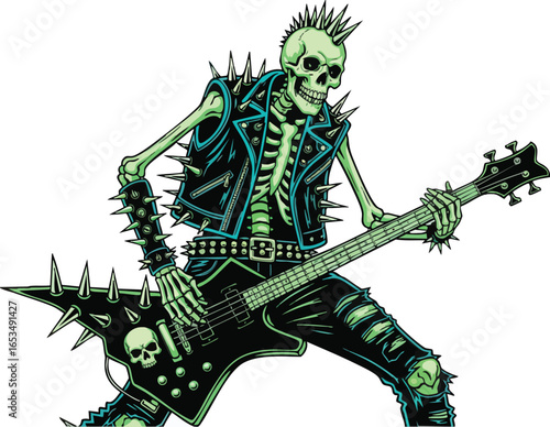 A skeleton dressed as a punk rocker plays an electric guitar with spikes, wearing a studded jacket.