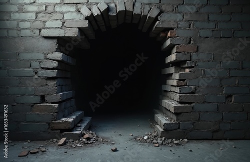 Weathered brick wall features a gaping hole revealing dark, mysterious void. Textured surface with rough, aged bricks suggests broken passages and untold stories within.