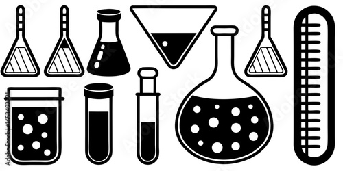 Group of scientific laboratory glassware and equipment including flasks, test tubes, and thermometer