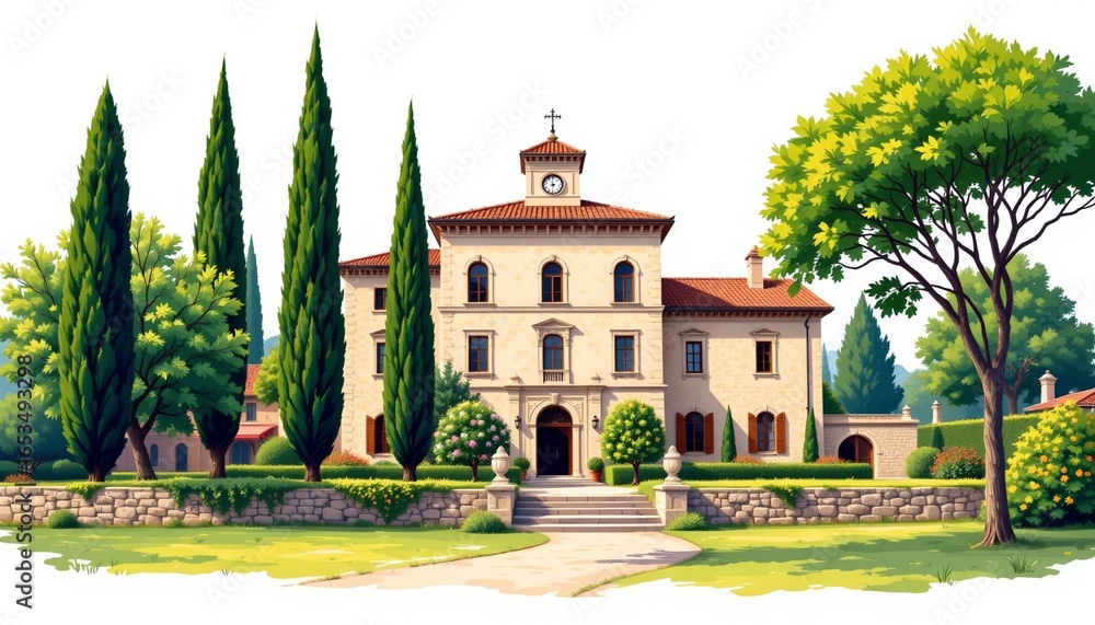 Fototapeta premium a bright travel illustration of a romanesque villa with cypress trees, isolated on a white background with ample space around.