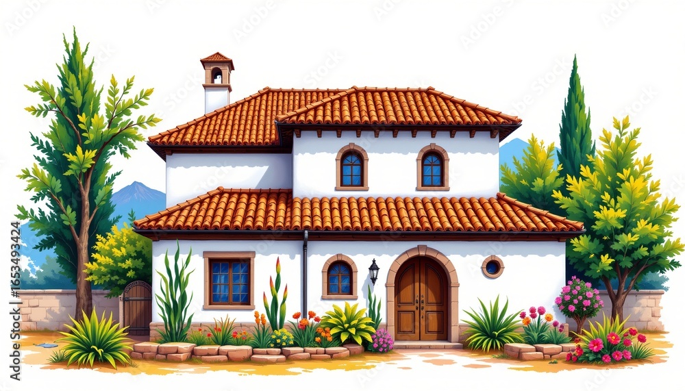 Obraz premium alhambra inspired house with terracotta roof tiles painted in bright travel illustration on a white background, subject not filling the frame.
