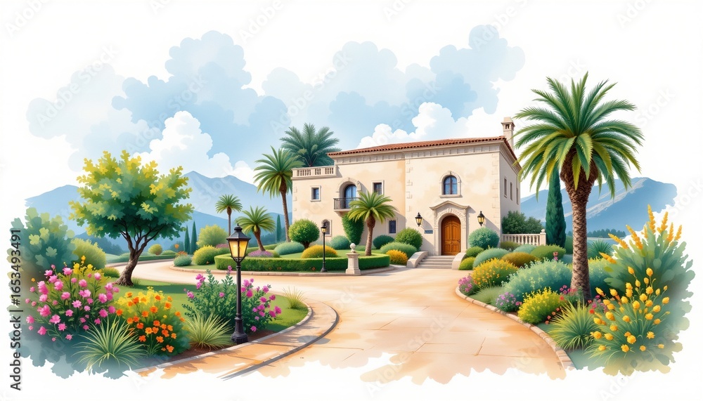 Fototapeta premium nile side villa with lantern lit paths painted in romantic watercolor on a white background, subject not filling the frame.