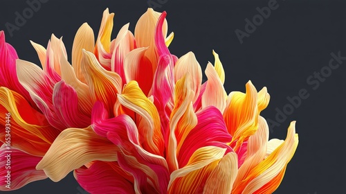 Vibrant abstract floral design featuring flowing petals in shades of pink, orange, and yellow