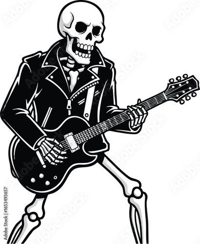 A skeletal figure in a leather jacket enthusiastically plays an electric guitar, embodying a rock and roll aesthetic.