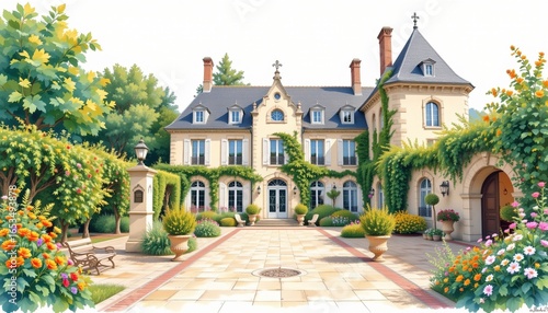 romantic watercolor depicting a french chateau with a mosaic patio centered on clean white with negative space.