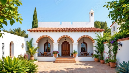 a bright travel illustration of a andalusian home with arched doorways, isolated on a white background with ample space around.