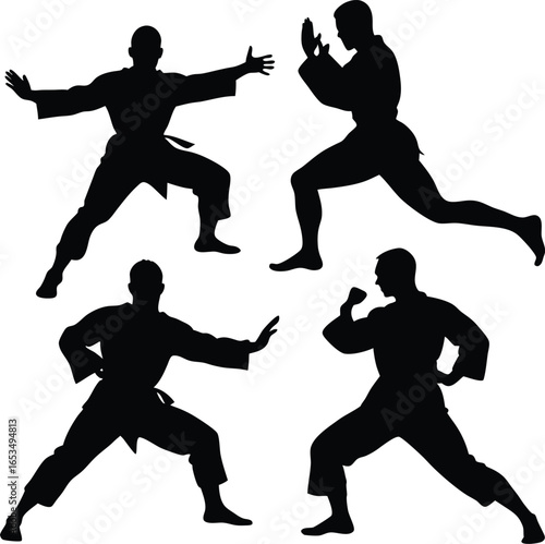 Collection of male martial arts fighter silhouettes in various combat poses, vector set 21.