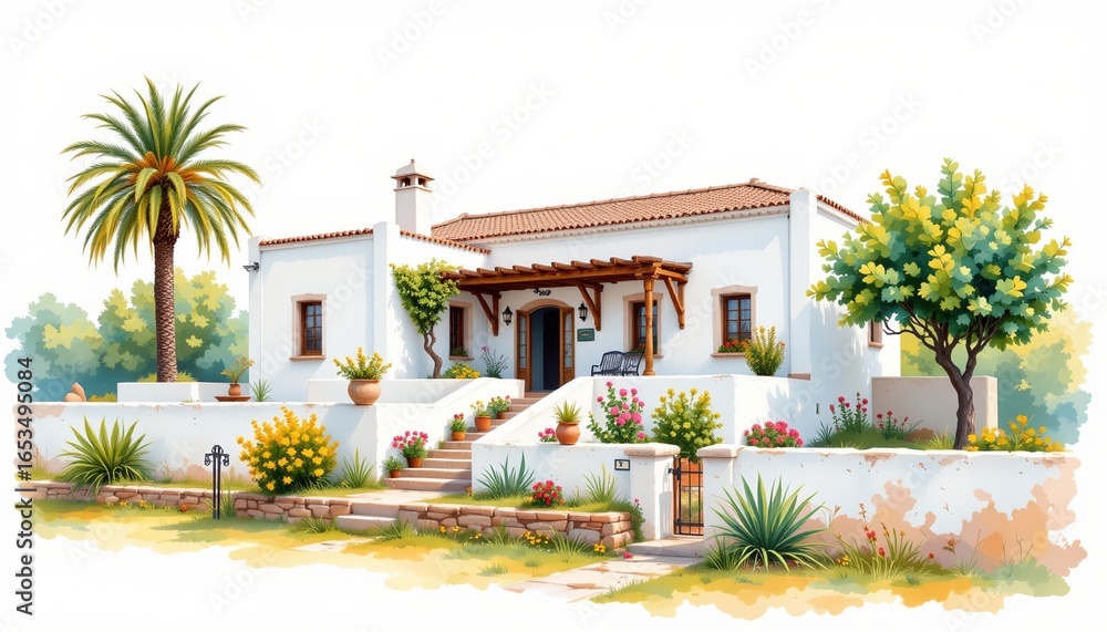 Fototapeta premium a romantic watercolor of a nile side villa with whitewashed walls, isolated on a white background with ample space around.