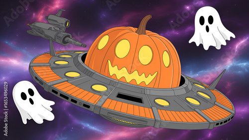 A pumpkin spaceship with ghosts flying in space for halloween celebration