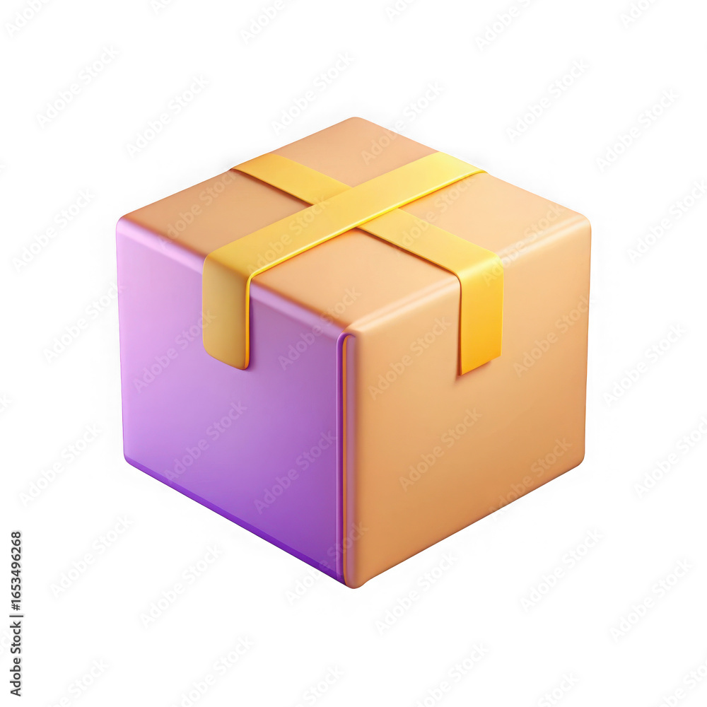 Fototapeta premium 3d cardboard shipping box with yellow tape isolated on transparent background