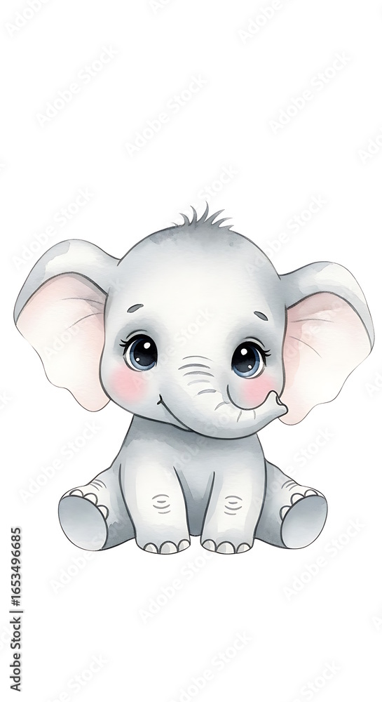 Fototapeta premium A baby elephant clipart in soft watercolor style, sitting position cute