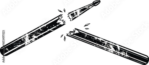 A broken drumstick is shown in three pieces, with splinters emanating from the breaks.