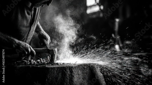Blacksmith working metal, creating sparks in dark workshop, hammering with strong hands