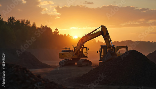Wallpaper Mural Yellow excavators work on a construction site at sunset. Heavy machinery operates in piles of dirt, silhouetted against a warm, hazy sky. Industrial equipment prepares land for new building projects. Torontodigital.ca