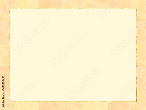 水彩で描いた秋に似合いそうな淡いオレンジ色のタイル風背景に金の縁取りのフレームイラスト