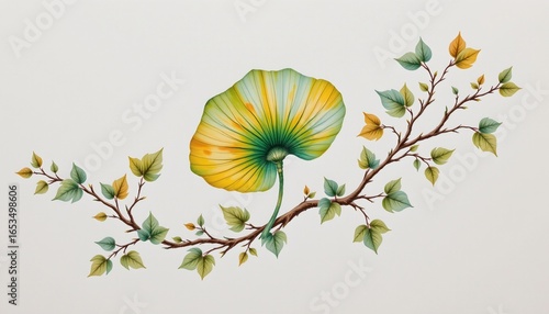 expressive watercolor featuring a ginkgo leaf entwined with vines on a white background, airy and refined.