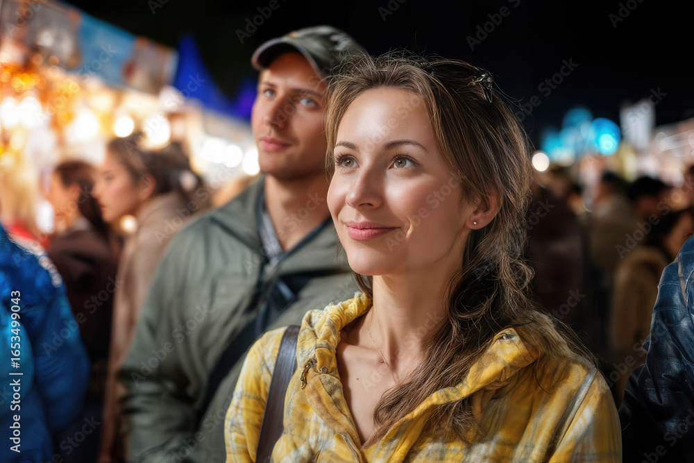 Obraz premium A smiling young woman with a man looking up and looking around with a background of lights and people