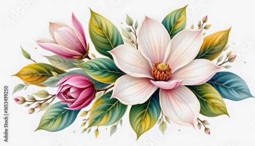 magnolia placed in a loose bouquet rendered as a expressive watercolor on white, with negative space.