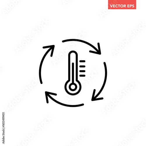 Black single temperature regulation line icon, simple round thermometer process setting flat design pictogram vector for app ads web button ui interface elements isolated on white background