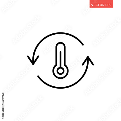 Black single temperature regulation line icon, simple round thermometer process setting flat design pictogram vector for app ads web button ui interface elements isolated on white background