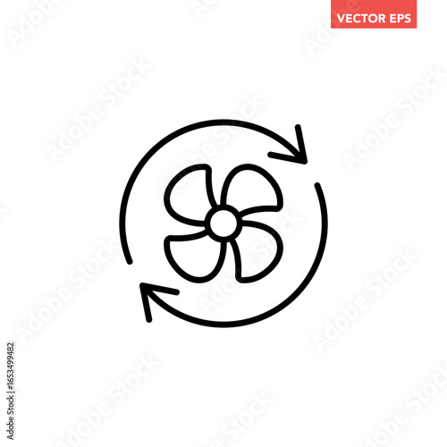 Black single Cooling fan line icon. Simple Propeller wind turbines with arrow cycle flat design pictogram vector for app ads web button ui interface elements isolated on white background