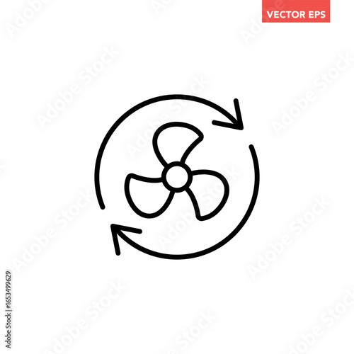 Black single Cooling fan line icon. Simple Propeller wind turbines with arrow cycle flat design pictogram vector for app ads web button ui interface elements isolated on white background