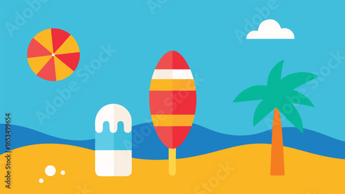 Colorful Summer Beach Scene with Ice Cream and Umbrella Keywords: summer, beach, vacation, holiday, sea, ocean, water, sand, palm tree, umbrella, ice cream, popsicle, clouds, sky, blue, yellow