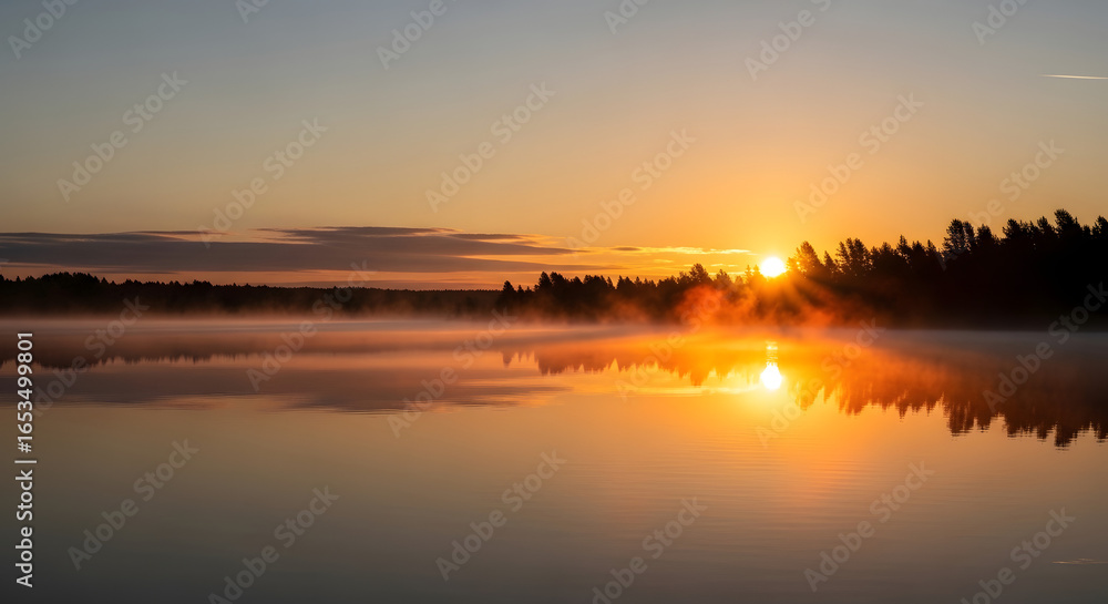 Serene sunrise over a tranquil lake, with a mystical fog hovering above the water and the sunlight reflecting vibrantly in the lake's surface, complemented by the silhouetted treeline Serene sunrise over a tranquil lake, with a mystical fog hovering above the water and the sunlight reflecting vibrantly in the lake's surface, complemented by the silhouetted treeline