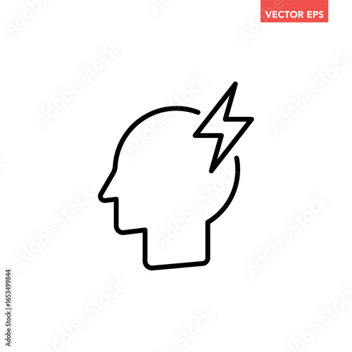 Black round headache line icon, simple migraine or head with lightning bolt flat design vector pictogram, infographic interface elements for app logo web button ui ux isolated on white background