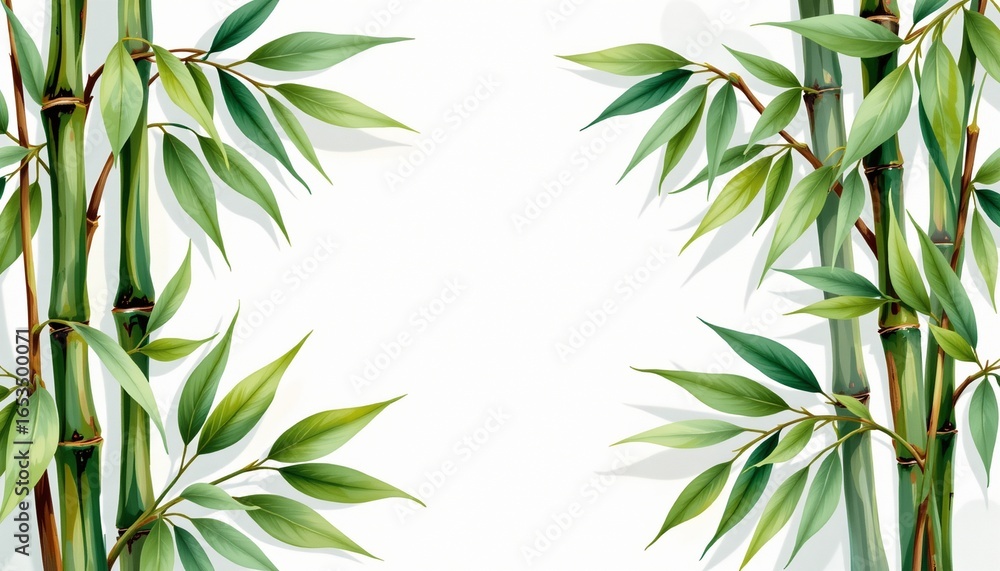 Obraz premium expressive watercolor featuring a bamboo leaf framed by minimal leaves on a white background, airy and refined.