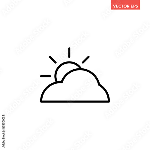 Black single overcast cloudy day line icon, simple flat design vector pictogram, infographic vector for app logo web website button banner ui ux interface elements isolated on white background