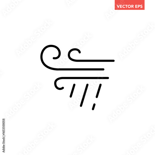 Black single windstorm with rain icon, simple bad weather flat design vector pictogram, infographic vector for app logo web website button banner ui ux interface elements isolated on white background