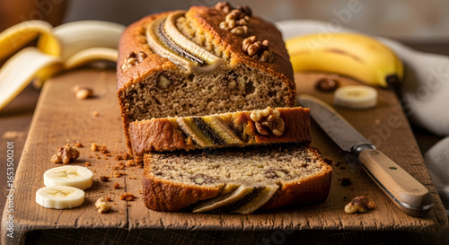 Delicious homemade banana bread loaf adorned with sliced bananas and crunchy walnuts on rustic wooden board captures the essence of comfort baking and the joy of freshly baked goods