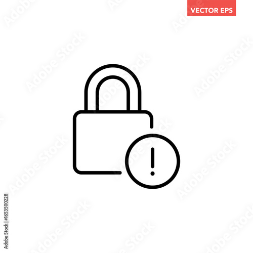 Black single lock with exclamation mark line icon, simple login access denied flat design pictogram, infographic vector for app logo web button ui ux interface elements isolated on white background